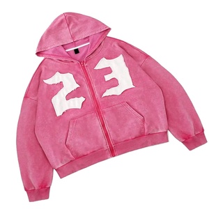 <b>Men's</b> Vintage Washed <b>Pink</b> Zip Up Hoodie Oversized Streetwear <b>Sweatshirt</b> With 23 Letter Print - Product Image 3