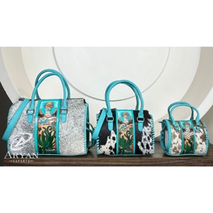 Western <b>Tooled</b> Genuine Cowhide <b>Leather</b> Large Speedy Bag Premium Pattern Hair-On Hide Crossbody Handmade Designer Duffel Bags - Product Image 1