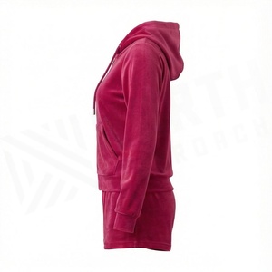 <b>Women's</b> Velvet Hooded Zip-Up Sweatshirt and Shorts Set Solid Color Casual Loose Fit Above Knee <b>2</b> <b>Piece</b> <b>Outfit</b> - Product Image 3