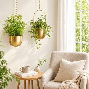 Pot de fleurs suspendu en métal doré décoratif, pot de fleurs suspendu en métal doré moderne, conteneur pour plantes suspendues pour l'intérieur et l'extérieur - Product Image 5