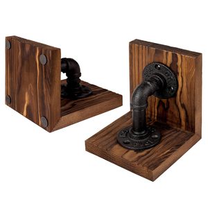 Industrial Pipe <b>Bookends</b> Rustic Solid Wood Heavy Duty Metal Pipe Book Ends Vintage Farmhouse Bookshelf Organizer Decorative Book - Product Image 4