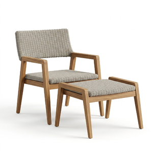 Ensemble fauteuil et tabouret Sydney, mobilier d'extérieur moderne pliable, fabriqué en teck durable et en rotin synthétique élégant - Product Image 2