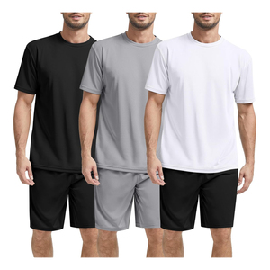 Ensemble t-shirt et short pour homme, couleur unie, séchage rapide, col rond, vêtements décontractés d'été, tissu tricoté en polyester et élasthanne - Product Image 5