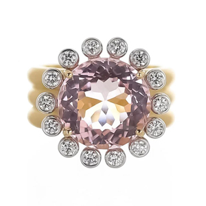 Luxury Women's <b>Gold</b> Morganite <b>Cocktail</b> <b>Ring</b> With Round Brilliant Cut Diamond Halo Flower Shape Engagement <b>Ring</b> - Product Image 1