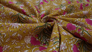 Hand Block Printed Cotton Fabric by Yard Mustard Pink Floral Jaipur Sanganeri Print Dress <b>Sewing</b> Fabric - Product Image 2