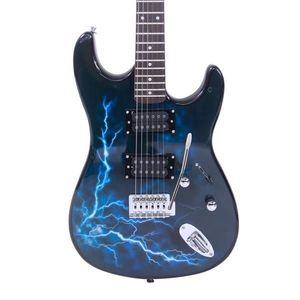 Guitarra Eléctrica Estilo Relámpago en Negro y Azul Oscuro con Cable de Alimentación, Correa, Funda y Púas - Product Image 5