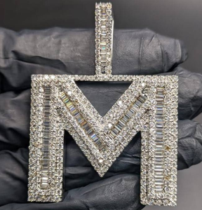 Luxury Iced Out Letter M <b>Pendant</b> Necklace Baguette CZ <b>Initial</b> Charm Hip Hop Bling Statement Jewelry Unisex Gift - Product Image 1
