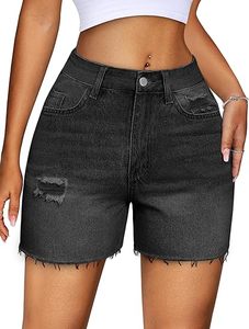 Shorts de mezclilla rasgados de cintura alta para mujer, estilo casual, negros, desgastados, de moda de verano, de color liso con dobladillo deshilachado - Product Image 1
