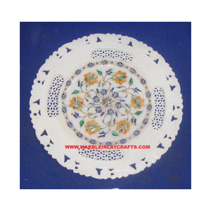 Plato de mármol con diseño de incrustaciones intrincadas y plato hecho con mármol de alta calidad para decoración del hogar y disponible en múltiples diseños. - Product Image 1
