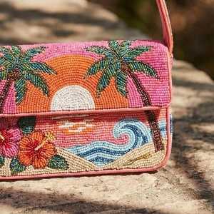 Bolso de Hombro Rectangular Bordado a Mano, Lavable, para Uso Diario, Diseño de Palmera Tropical y Atardecer Rosa, con Cuentas de Vidrio - Product Image 2