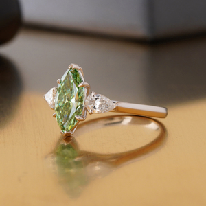 Fancy Vivid Green Marquise Cut Lab Grown Diamond <b>Ring</b> 14K <b>Gold</b> Unique Color Statement Fashion <b>Ring</b> - Product Image 2