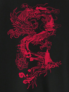 VITHAS INDUSTRY Unisex Black Bomber <b>Jacket</b> Red Dragon Print Chinese Style Coated <b>Canvas</b> Material Spring Wear Collarless Zipper - Product Image 2