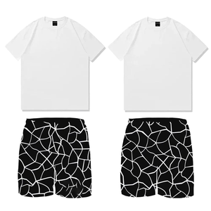 <b>Men's</b> White Short Sleeve T-<b>Shirt</b> With Black Geometric Pattern Shorts Set Casual Regular Fit Cotton Jersey Breathable O-Neck - Product Image 4