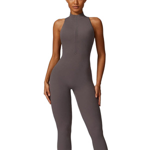 Mono de yoga sin mangas de cuerpo entero para mujer RTS, con media cremallera, sin costuras, de elastano y poliéster, color liso, AS-YJ-506 - Product Image 4