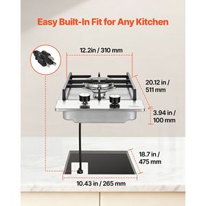 Piano Cottura a Gas Incasso a 2 Fuochi in Acciaio Inox, 12 Pollici, Max 12250 BTU, Convertibile GPL/Gas Naturale, Doppio Combustibile - Product Image 2