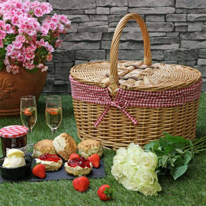 Oval Woven <b>Wicker</b> Picnic <b>Basket</b> Red Plaid Fabric Lining Handcrafted Rattan Fruit Food <b>Storage</b> Hamper Fixed High Handle Outdoor - Product Image 2
