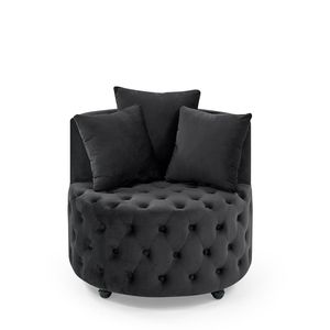 Poltrona Girevole in Velluto con Design Trapuntato a Bottoni e Ruote Mobili, Set per Soggiorno con 3 Cuscini Neri - Product Image 5