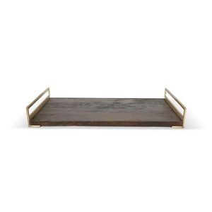 Luxury Rectangular Wooden <b>Serving</b> <b>Tray</b> with <b>Gold</b> Metal Handles - Modern Decorative Ottoman <b>Tray</b> for Coffee Table & Home Decor - Product Image 3