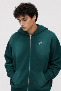 Sweat-shirts pour hommes délavés à l'acide, avec logo personnalisé, fermeture éclair intégrale, vert foncé, en molleton de coton, coupe oversize, épaules tombantes, style streetwear, automne-hiver, vente en gros - Product Image 3