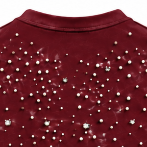 Unisex Burgundy Pearl <b>Studded</b> T <b>Shirt</b> Stylish Round Neck Short Sleeve Pearl Beaded Fashion Top for Everyday Wear and Party - Product Image 4