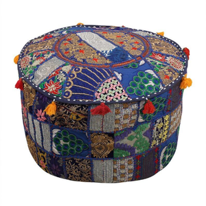 <b>Round</b> Bohemian Floor Pillow With Embroidery Floral Pattern Multicolor Textile Decorative <b>Cushion</b> India Made - Product Image 1
