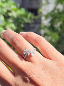 Solid White <b>Gold</b> Lab Grown Diamond <b>Ring</b> Marquise Cut Diagonal Cluster Bypass Split Shank Sweeping Pave <b>Cocktail</b> Fine Jewelry - Product Image 1