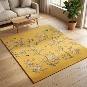 Tapis d'appoint abstrait tufté à la main, motif oiseaux jaunes et fleurs, style Japandi, rectangulaire, en laine lavable, à poils moyens et fins, pour salon - Product Image 3