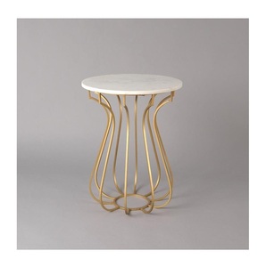 <b>Round</b> Faux Marble <b>Side</b> <b>Table</b> with <b>Gold</b> Hourglass Metal Base Circular End <b>Table</b> with White Marble Top Glam Modern Curved - Product Image 1