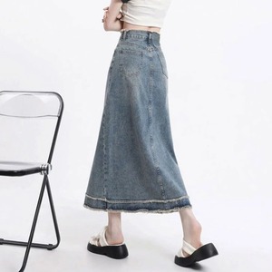 Jupe en jean fine à bords bruts pour femme, style rétro bleu, mi-longue, taille haute, tendance - Product Image 4