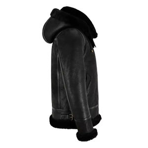 Veste en cuir aviateur B3 noire pour homme, en peau de mouton, style RAF, avec capuche en fourrure noire - Product Image 4