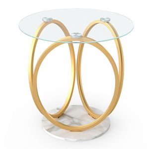 Tavolino Moderno a 2 Livelli Oro e Bianco con Piano in Vetro Temperato e Base in Finto Marmo per Arredamento Soggiorno - Product Image 3