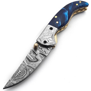 Couteau pliant en acier Damas, manche en résine bleu saphir, doublure en laiton, couteau de poche pour la chasse et le camping, fabricant - Product Image 4