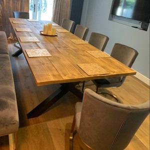 Ensemble de table à manger en bois massif de luxe moderne, table rectangulaire en bois avec pieds croisés, meubles de salle à manger de style farmhouse vieilli, chaises - Product Image 3