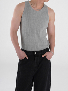 Débardeur côtelé noir pour homme, col rond, sans manches, style décontracté, couleur unie, en coton, coupe ajustée - Product Image 4