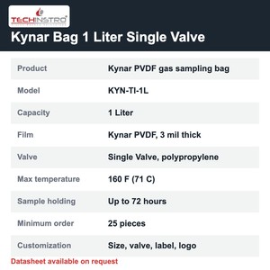 Bolsa de Muestreo de Gases TECHINSTRO Kynar de 1 Litro, Bolsa de Película de PVDF con Válvula Única a Prueba de Fugas para Muestreo de Olores VOC y Aire - Product Image 6
