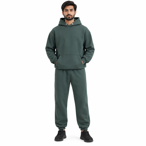 Ensemble de survêtement vert forêt pour homme, sweat à capuche uni et pantalon de jogging, 2 pièces, vêtements de sport décontractés, vente en gros - Product Image 1