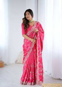 Sari indien élégant en satin de soie avec broderie de sequins, tenue traditionnelle pour mariage et fête, sari rose (HK 80) DC - Product Image 1