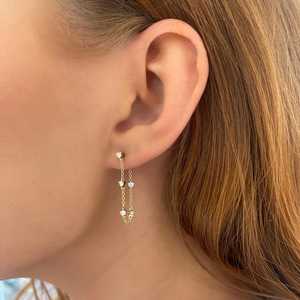 Lab Grown Diamond Station Earrings Pave Set 28mm Bezel 14K Gold Delicate Hanging Dangle Drop Chain Earring <b>Round</b> Cut For Women - Product Image 2