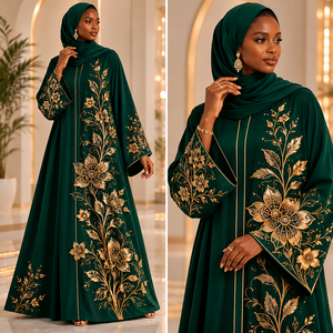 Abaya élégante brodée de fleurs, robe longue à manches longues pour femmes, style moyen-oriental, rouge, pour tous les jours - Product Image 2