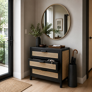 Global Wholesale Solid Teak Wood Modern Minimalist Lars Woven <b>Sideboard</b> Cabinet Black Finish Rattan Drawer Living Room <b>Storage</b> - Product Image 4