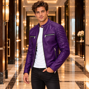 Men's <b>Sheep</b> <b>Skin</b> Leather Biker <b>Jacket</b> with Stand Collar Zipper Slim Fit Breathable Winter Motorcycle <b>Jacket</b> OEM Custom Branding - Product Image 3