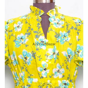 Robe Courte Femme 100% Coton Tricotée Col V Manches Courtes Coupe Trapèze Imprimé Floral Numérique Lavable Respirante Idéale Bureau - Product Image 4