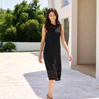 Robe midi basique élégante en dentelle ajourée sans manches à col rond pour femme, robe de soirée cocktail noire pour l'été 2026