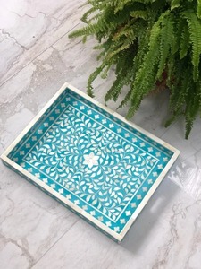 Plateau de service rectangulaire en bois avec incrustation d'os turquoise, plateau de rangement décoratif, plateau de présentation pour table basse, ottoman, petit-déjeuner, fruits - Product Image 1