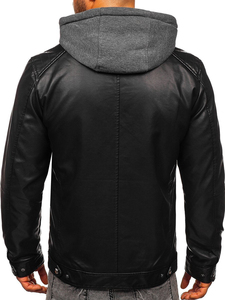 Men's Black PU <b>Leather</b> Hooded Moto <b>Jacket</b> with Zipper Closure and Side Pockets Autumn Windproof Style - Product Image 2