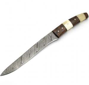 Cuchillo de trinchar estrecho de acero de Damasco hecho a mano con mango segmentado de madera y hueso, herramienta para procesamiento en campo - Product Image 4