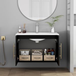 Meuble-lavabo mural noir brillant de 30 pouces avec doubles portes à fermeture douce, crochets et longues poignées métalliques dorées pour une installation facile - Product Image 5