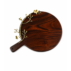 Round <b>Wooden</b> Cheese Board with Handle Metal Floral Inlay Serving Platter Charcuterie Board Wholesale for Wedding Gifts and Hotel - Product Image 1