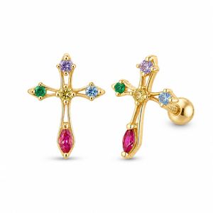 Boucles d'oreilles croisées pour femmes, hauteur 6 mm, avec zircons cubiques colorés, clous en argent S925 pour piercing au cartilage - Product Image 6