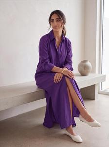 Vestido Largo Informal de Verano para Mujer, de Algodón y Lino, Color Morado, Estilo Camisero, Manga Larga, Cuello con Botones - Product Image 3